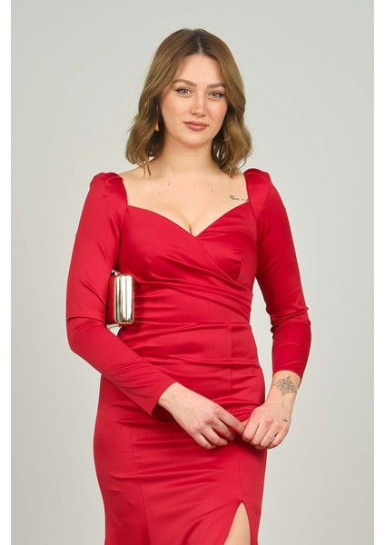 Kadın Kruvaze Kapama Uzun Kollu Yırtmaçlı Abiye Elbise 1926 Kırmızı fiyatları