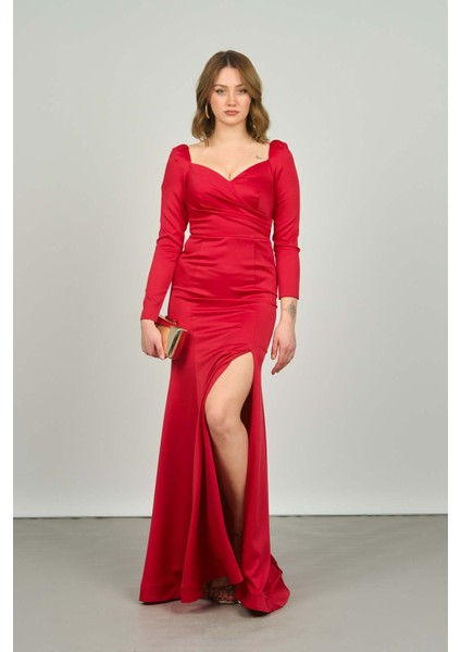 Kadın Kruvaze Kapama Uzun Kollu Yırtmaçlı Abiye Elbise 1926 Kırmızı modelleri