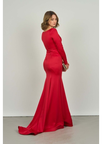 Kadın Kruvaze Kapama Uzun Kollu Yırtmaçlı Abiye Elbise 1926 Kırmızı fırsatları
