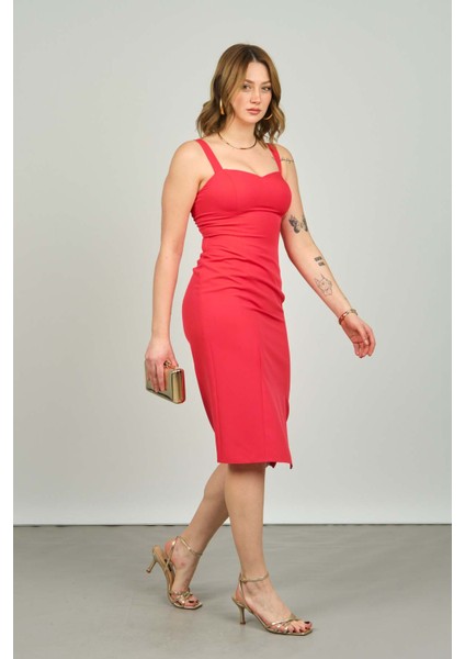 Kadın Kalın Omuz Askılı Düz - Dar Abiye Elbise 1542 Nar Çiçeği modelleri