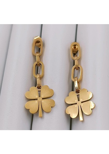 Kadın 316L Çelik Gold Zincir Sallantılı Yonca Küpe