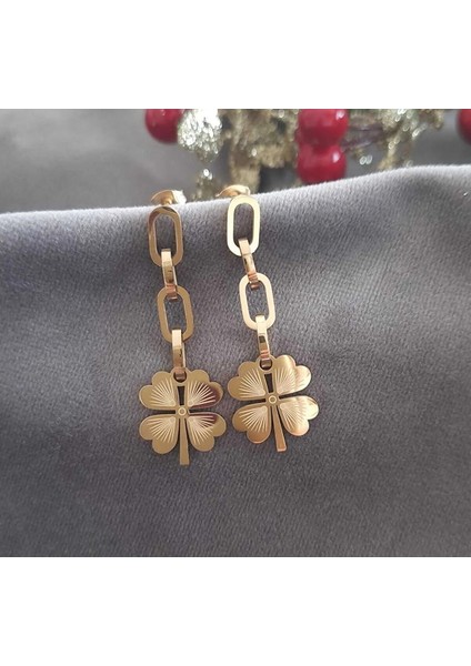Kadın 316L Çelik Gold Zincir Sallantılı Yonca Küpe modelleri