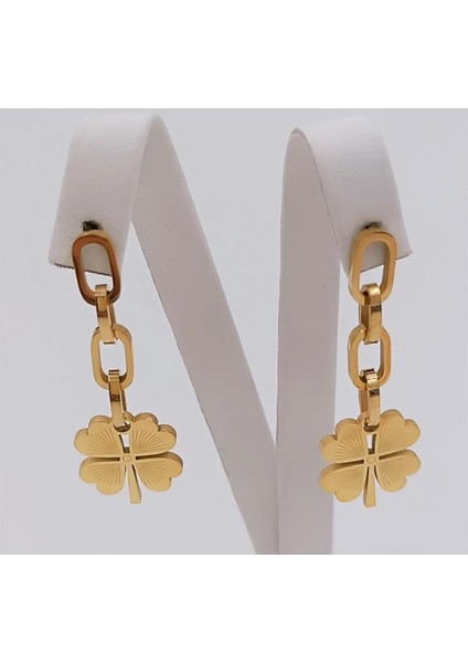 Kadın 316L Çelik Gold Zincir Sallantılı Yonca Küpe fırsatları