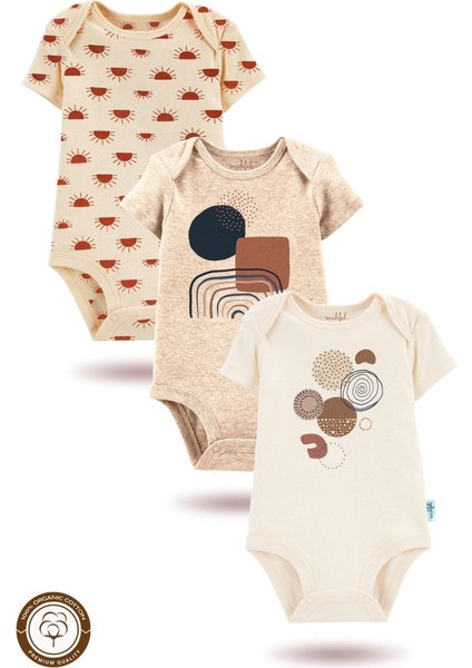 3'lü Organik Baskılı Kısa Kollu Bebek Body ZIBINKISABEJ-EKRU-GÜNEŞ290-291