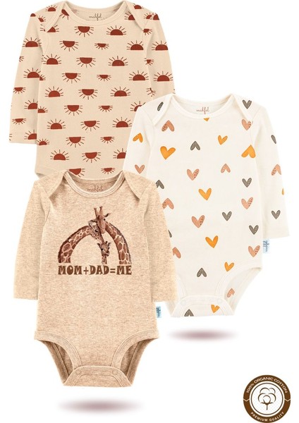 3'lü Organik"mom+Dad=me" Baskılı Uzun Kollu Bebek Body Zıbın UZUN-BEJ-GÜNEŞ-KALP-731