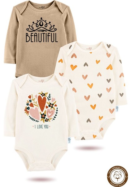 3'lü Organik "beautiful " Baskılı Uzun Kollu Bebek Body Zıbın UZUN-EKRU-KAHVE-KALP-768-759