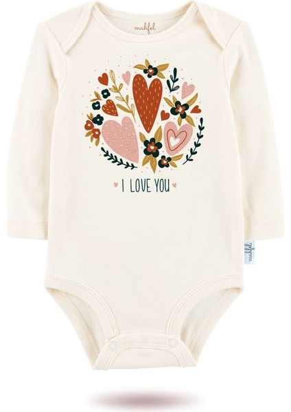 3'lü Organik "beautiful " Baskılı Uzun Kollu Bebek Body Zıbın UZUN-EKRU-KAHVE-KALP-768-759