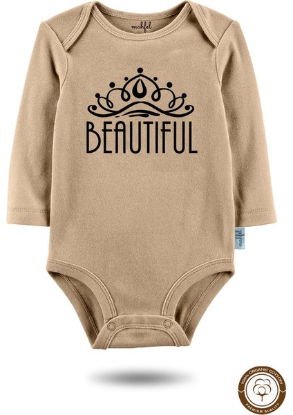 3'lü Organik "beautiful " Baskılı Uzun Kollu Bebek Body Zıbın UZUN-EKRU-KAHVE-KALP-768-759