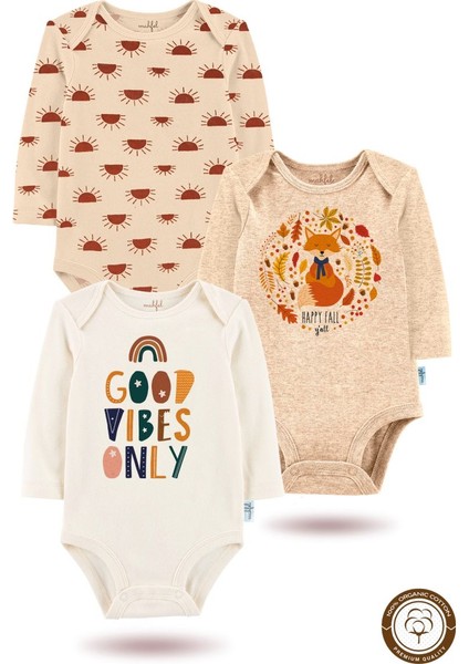 3'lü Organik"good Vibes Only" Baskılı Uzun Kollu Bebek Body Zıbın UZUN-GÜNEŞ-BEJ-EKRU-98-615