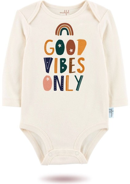 3'lü Organik"good Vibes Only" Baskılı Uzun Kollu Bebek Body Zıbın UZUN-GÜNEŞ-BEJ-EKRU-98-615