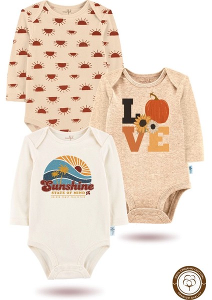 3'lü Organik"love-Sunshine" Baskılı Uzun Kollu Bebek Body Zıbın UZUN-GÜNEŞ-BEJ-EKRU-120-9