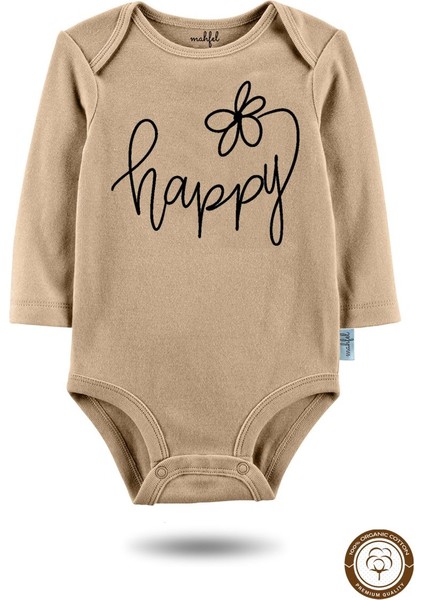 3'lü Organik "happy " Baskılı Uzun Kollu Bebek Body Zıbın UZUN-EKRU-KAHVE-KALP-355-719