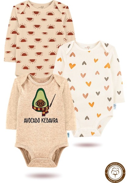 3'lü Organik"avocado Kedavra" Baskılı Uzun Kollu Bebek Body Zıbın UZUN-BEJ-GÜNEŞ-KALP-720