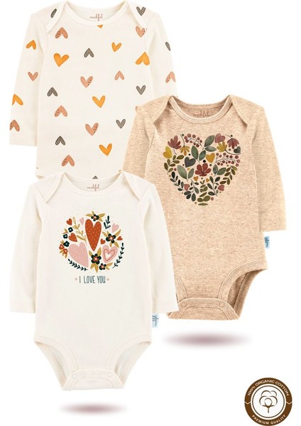 3'lü Organik"ı Love You" Baskılı Uzun Kollu Bebek Body Zıbın UZUN-EKRU-KALP-BEJ-768-769