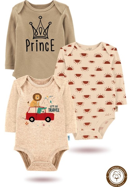 3'lü Organik"aslan Prens" Baskılı Uzun Kollu Bebek Body Zıbın UZUN-BEJ-KAHVE-GÜNEŞ276-754