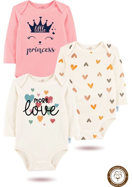 3'lü Organik"prenses-More Love" Baskılı Desenli Uzun Kollu Bebek Body Zıbın UZUNPEMBE-EKRU-KALP-607-604