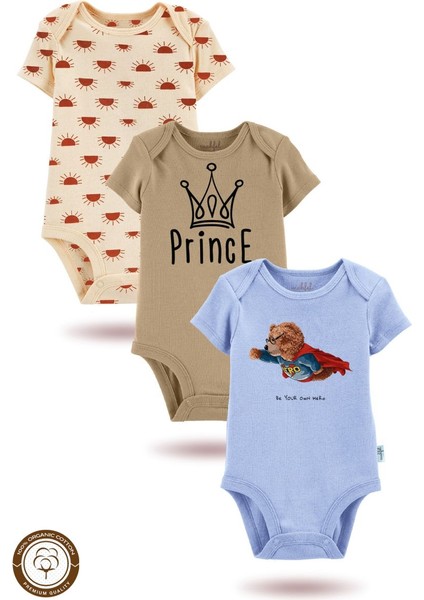 3'lü Organik"super Hero" Baskılı Kısa Kollu Bebek Body Zıbın KISAMAVI-KAHVE-GÜNEŞ29-754