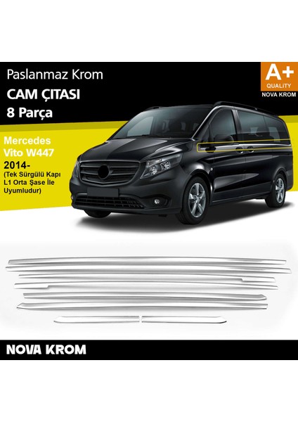 Mercedes Vito W447 Krom Cam Alt Çıtaları 8 Prç. (Tek Sürgülü Kapı-L2 Orta Şasi) 2014-2020