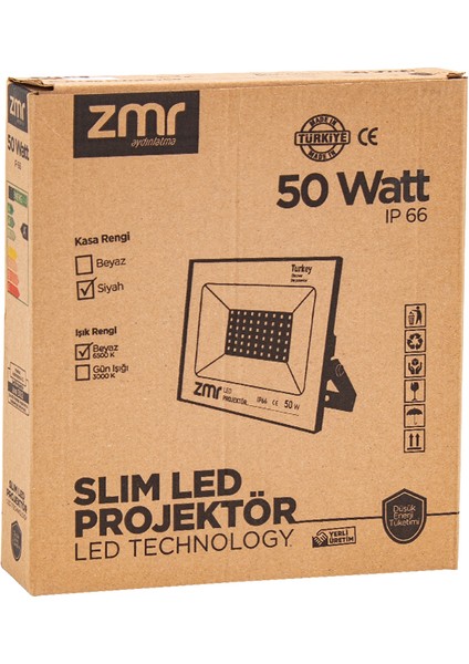Zmr 50 Watt 6500 Lümel IP66 150 Derece 220 Volt Siyah Slim Kasa LED Projektör Lamba Aydınlatma