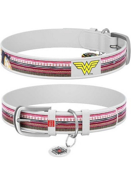 Qr Pasaportlu Deri Köpek Boyun Tasması, Beyaz , Wonder Woman Desenli, W 15 Mm, L 26-35 cm