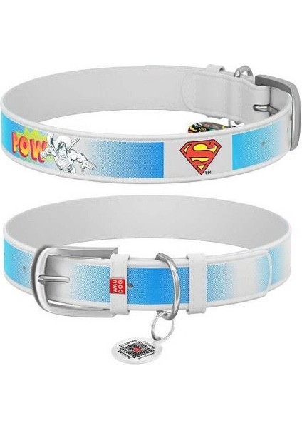 Qr Pasaportlu Deri Köpek Boyun Tasması, Beyaz , Superman Desenli, W 15 Mm, L 26-35 cm