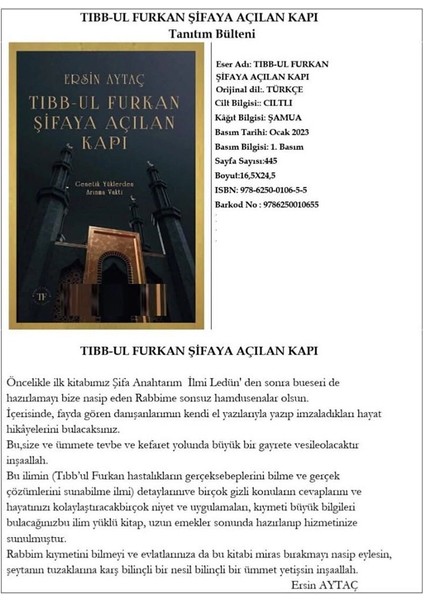 Tıbbul Furkan Şifaya Açılan Kapı Ersin Aytaç, Genetik Yüklerden Arınma Vakti, Ciltli 448 Sayfa