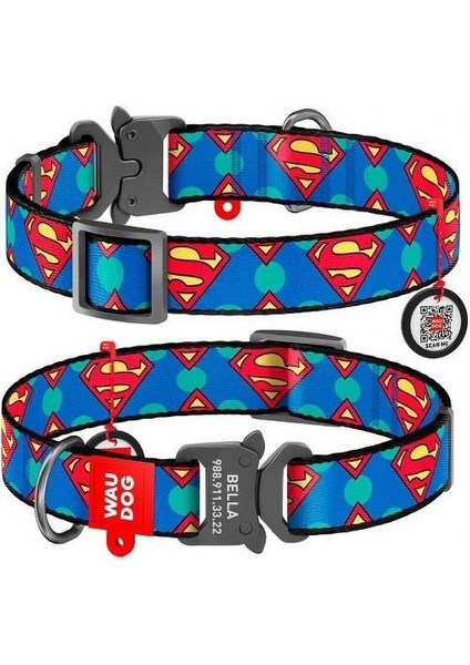 Qr Pasaportlu Köpek Boyun Tasması 24-40 Cm, 20 Mm, Superman Desenli Metal Tokalı