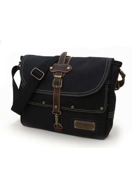 4047 Antiochia Gl Hakiki Deri Siyah Omuz Postacı Okul Suya Dayanıklı Mumlu Kanvas Laptop Çantası