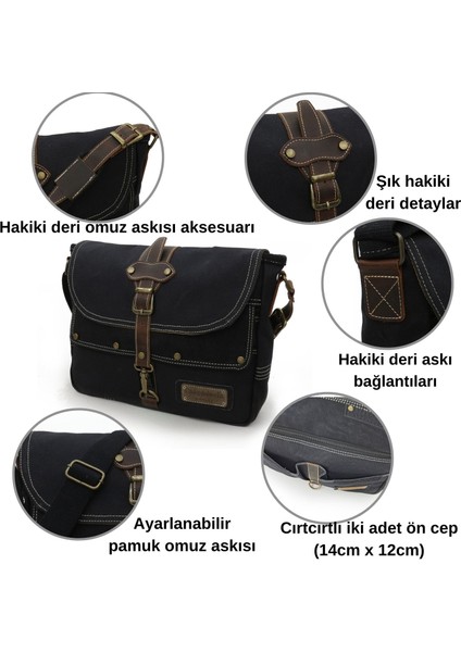 4047 Antiochia Gl Hakiki Deri Siyah Omuz Postacı Okul Suya Dayanıklı Mumlu Kanvas Laptop Çantası fırsatları