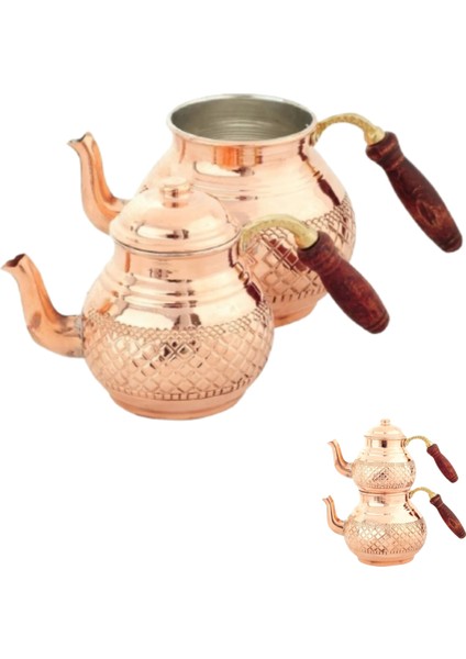Bakır Aile Boyu Çaydanlık Takımı + 3 Boy Cezve Seti + 3 Boy Tava Seti + Tepsi