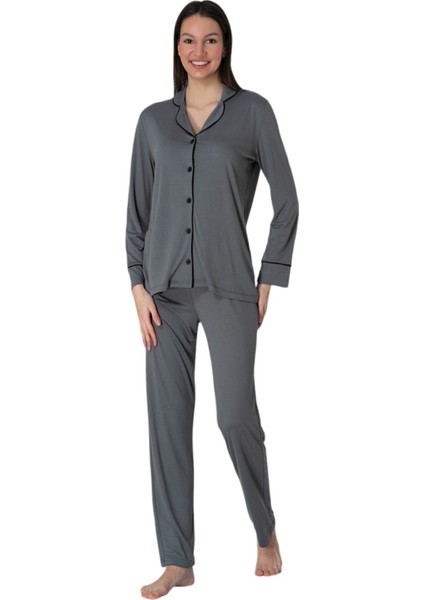 Füme Önden Düğmeli Kadın Pijama Takımı