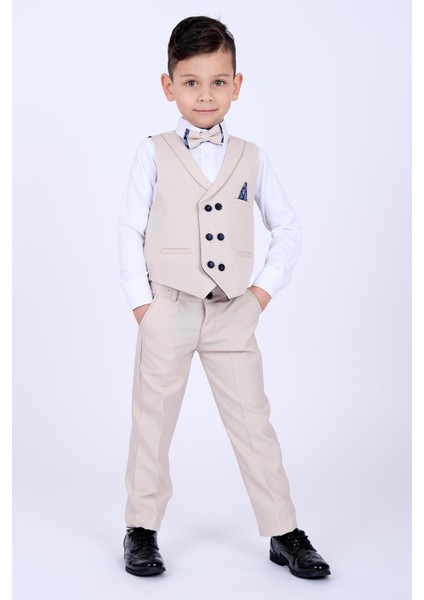 Krem Mendil Detaylı Erkek Çocuk Smokin Takım modelleri