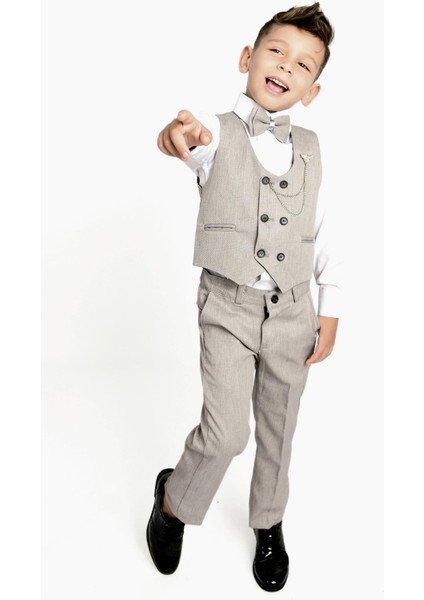 Gri Zincir Detaylı Erkek Çocuk Smokin Takım