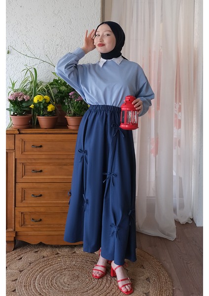 Bebe Mavisi 2 Iplik Crop & Lacivert Fiyonklu Etek Takım