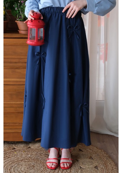 Bebe Mavisi 2 Iplik Crop & Lacivert Fiyonklu Etek Takım
