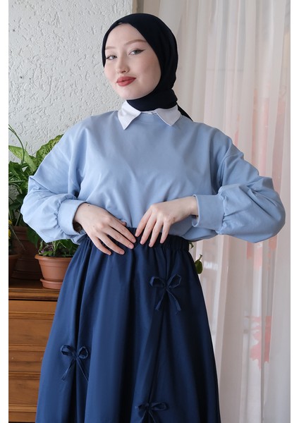 Bebe Mavisi 2 Iplik Crop & Lacivert Fiyonklu Etek Takım