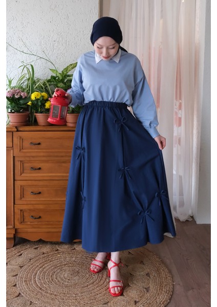 Bebe Mavisi 2 Iplik Crop & Lacivert Fiyonklu Etek Takım