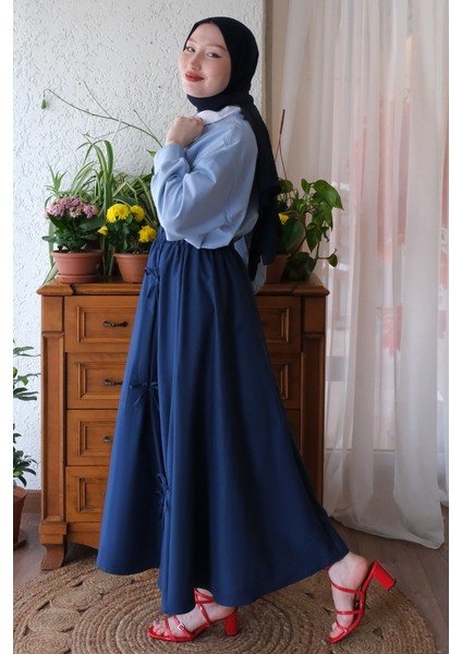 Bebe Mavisi 2 Iplik Crop & Lacivert Fiyonklu Etek Takım