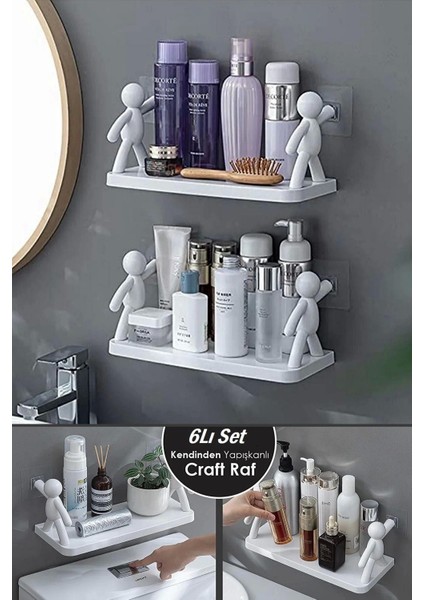 6lı Kendinden Yapışkanlı Craft Banyo Raf Tarz Baharatlık Rafı