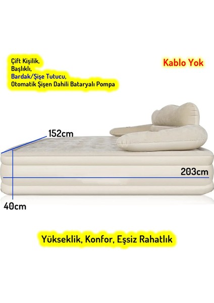 - Double King Başlıklı Otomatik Şişen Dahili Pompalı Çift Kişilik Şişme Yatak - 203*152*40CM modelleri