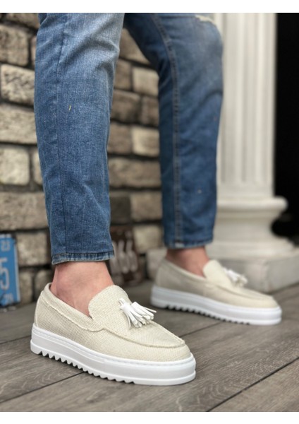 BA0154 Bağcıksız Yüksek Taban Beyaz Keten Püsküllü Erkek Ayakkabı