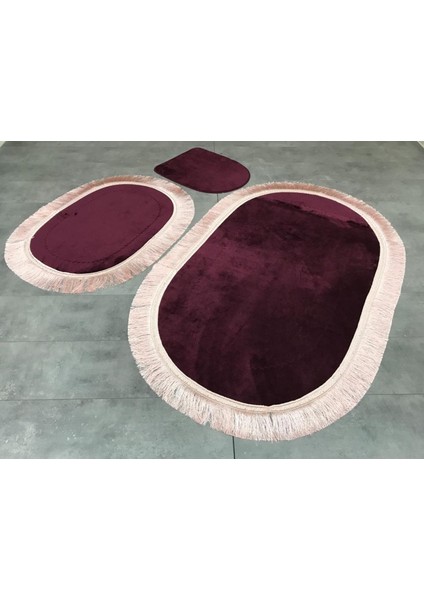 Pera Mürdüm 3'lü Banyo Paspası Seti Kaymaz Tabanlı Saçaklı Püsküllü Klozet Takımı