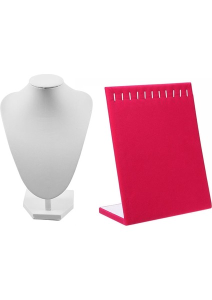 Adet Takı Sergisi: 1 Adet Portre Modeli Kolye Ekranı Fotoğraf Sahne Beyaz ve 1 Adet 11 Kanca Kadife Takı Rafı Küpe Bileklik Kolye Tutucu Ekranı, Gül Kırmızı (Yurt Dışından) modelleri