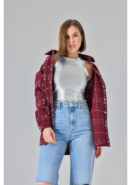 Bordo Çıtçıtlı Oversize Çift Cepli Ekoseli Gömlek