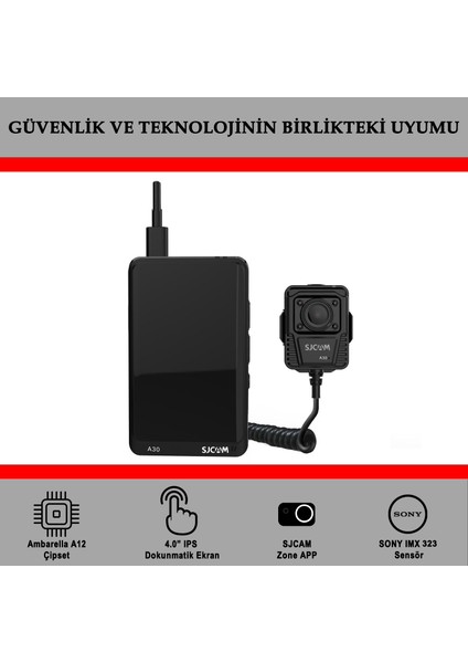 A30 Vücut Kamerası 16X Dijital Zoom Tak-Çıkar 64GB Dahili Hafıza Güvenlik Polis Ekipmanı IP64 FullHD Video 4” Dokunmatik Ekran 5800mAh Ultra Geniş Batarya 12MP Siyah fiyatları