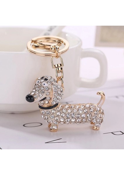 Beyaz Moda Köpek Dachshund Araba Anahtarlık Anahtarlık Charm Kolye Tuşları Tutucu Anahtarlık Kadın Kız Hediye Araba Styling Iç Aksesuarlar (Yurt Dışından)