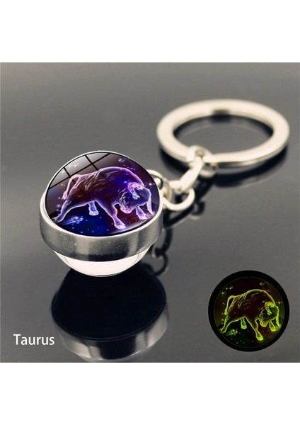Boğa Burcu 12 Takımyıldızı Aydınlık Anahtarlık Cam Top Kolye Zodyak Anahtarlık Karanlıkta Glow Anahtarlık Tutucu Erkek Kadın Doğum Günü Hediyesi (Yurt Dışından)