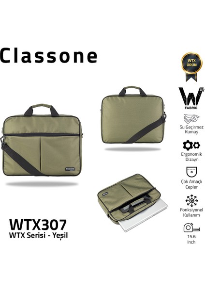 WTX307 Wtxpro serisi 15.6 Inch Uyumlu Su Geçirmez Kumaş Macbook, Laptop , Notebook El Çantası- Yeşil