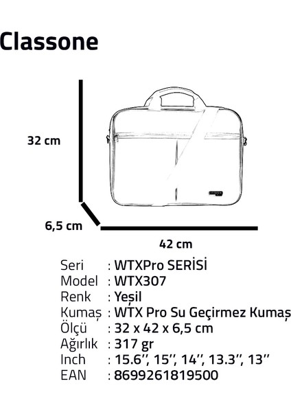 WTX307 Wtxpro serisi 15.6 Inch Uyumlu Su Geçirmez Kumaş Macbook, Laptop , Notebook El Çantası- Yeşil