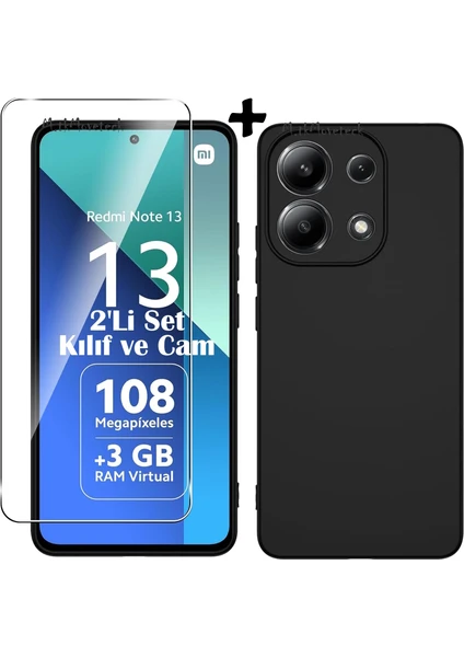 MTK Moveteck Xiaomi Redmi Note 13 Kılıf Kamera Korumalı Soft Yumuşak Mat Silikon + 9h Tempereli Ekran Koruyucu Cam 2'li Set Ekran Camı ve Kılıf